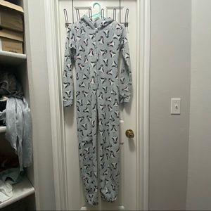 Flirtitude Hooded Penguin Print Adult Onesie | S | Grey,Black,Pink,White